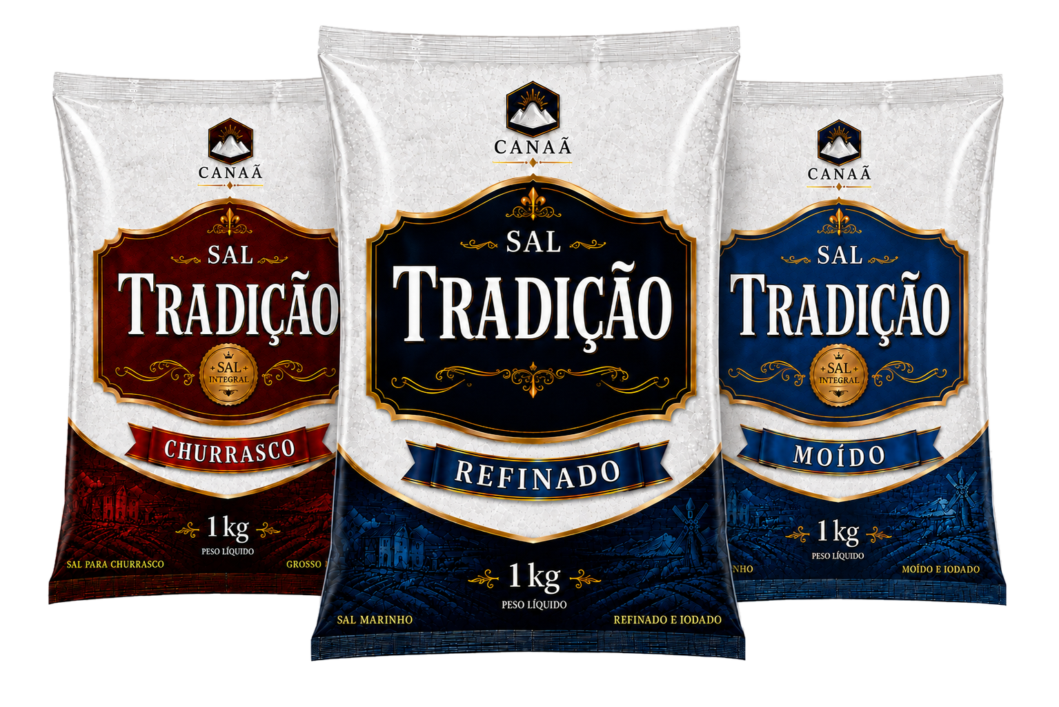 Linha Sal Tradição com Churrasco à esquerda, Refinado ao centro e Moído à direita